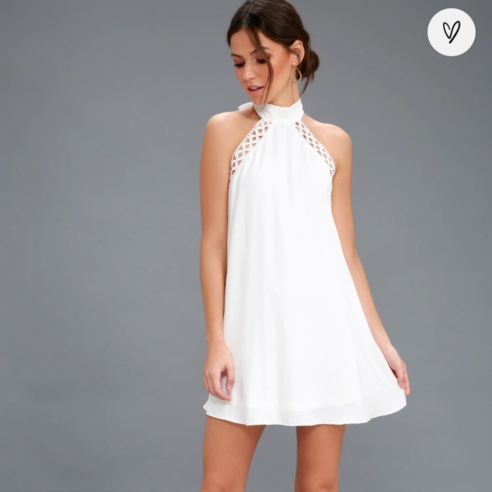 Lulu's White Crochet-Trim Halter Mini Dress